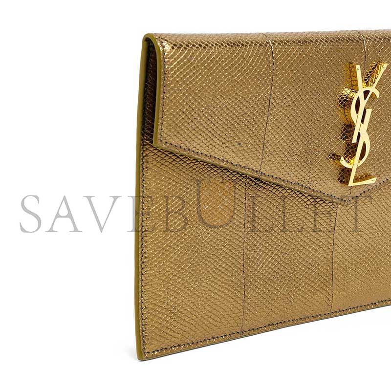 YSL UPTOWN YSL METALLIC SNAKESKIN POUCH CLUTCH BAG IN MILITARY GOLD 565739 (27*16*2cm)
